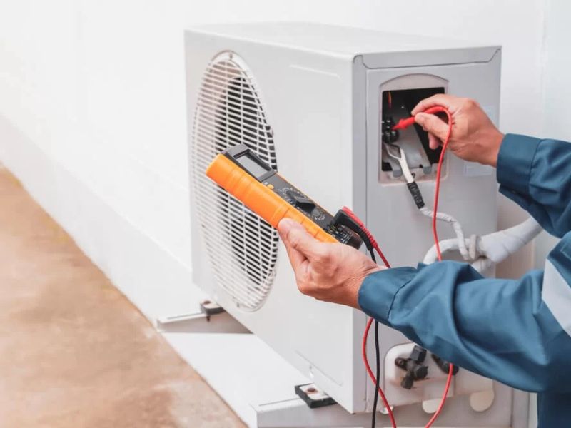 Technician measuring readings on an AC unit